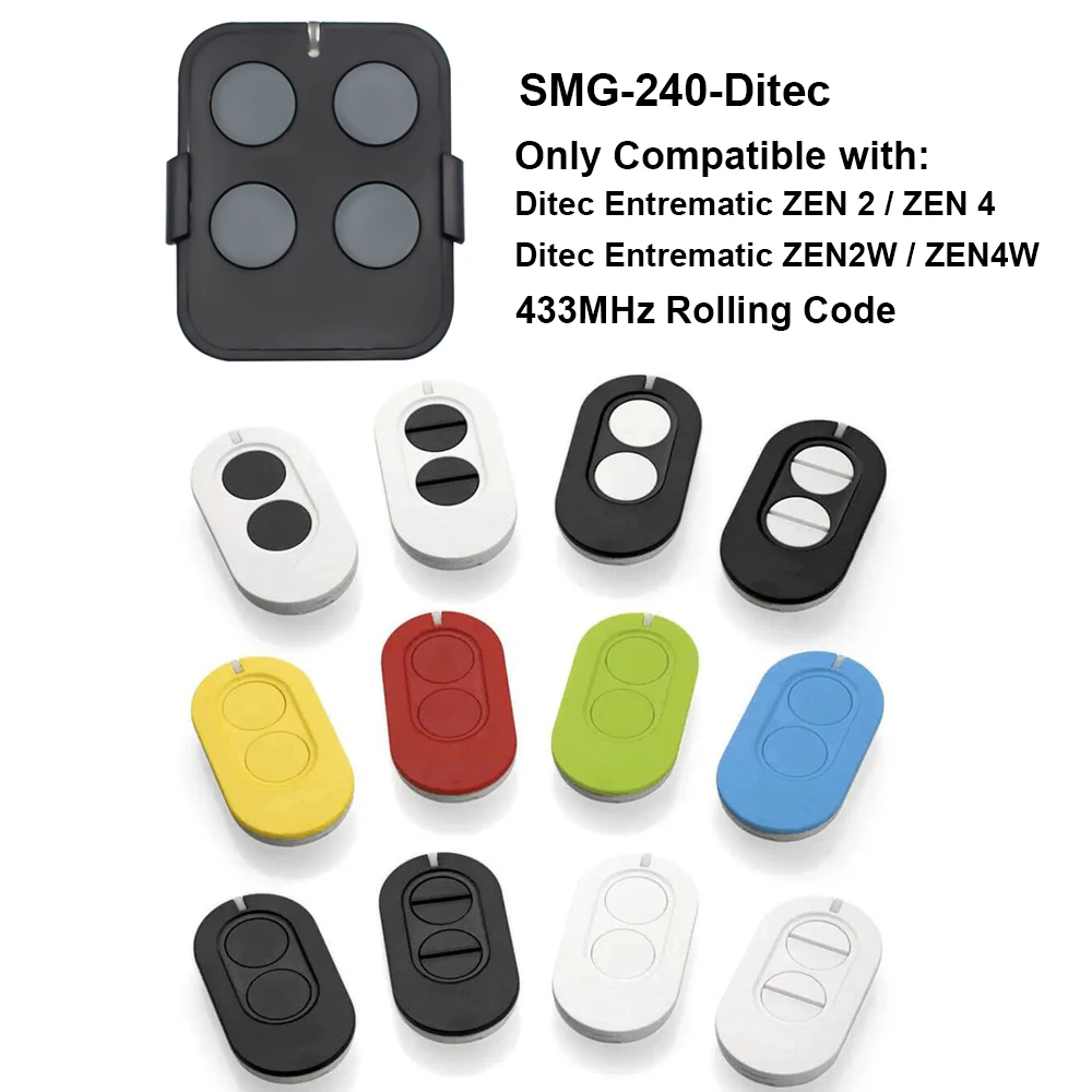 Entrematic ditec zen2/Entrematic ditec zen4 Garage Door Gate Remote 433MHz Rolling Code Transmitter Compatible ZEN2W ZEN4W