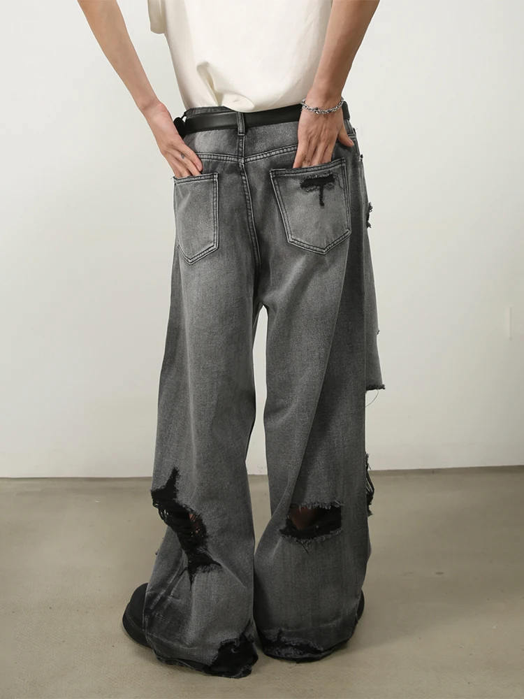 HOUZHOU Ripped Jeans for Men Wide Leg Pants Oversize Hip Hop Darkwear Denim Trousers Male Casual Japanese Streetwear Patchwork