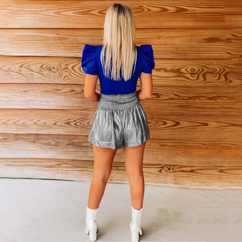 Women Smocked High Waist Glitter new Metallic 2025 Flowy Hot Shorts Dance Baggy Shorts