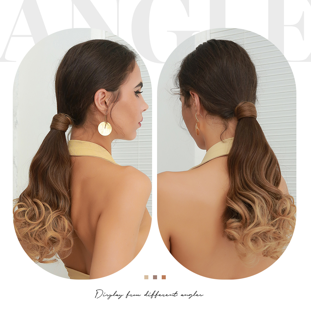 HAIRCUBE Brown Blonde Ombre Hair Extensions Short Wavy Wrap Around Clip In Ponytail Fake Hair Heat Resistant Synthetic Hairpiece 45b3f