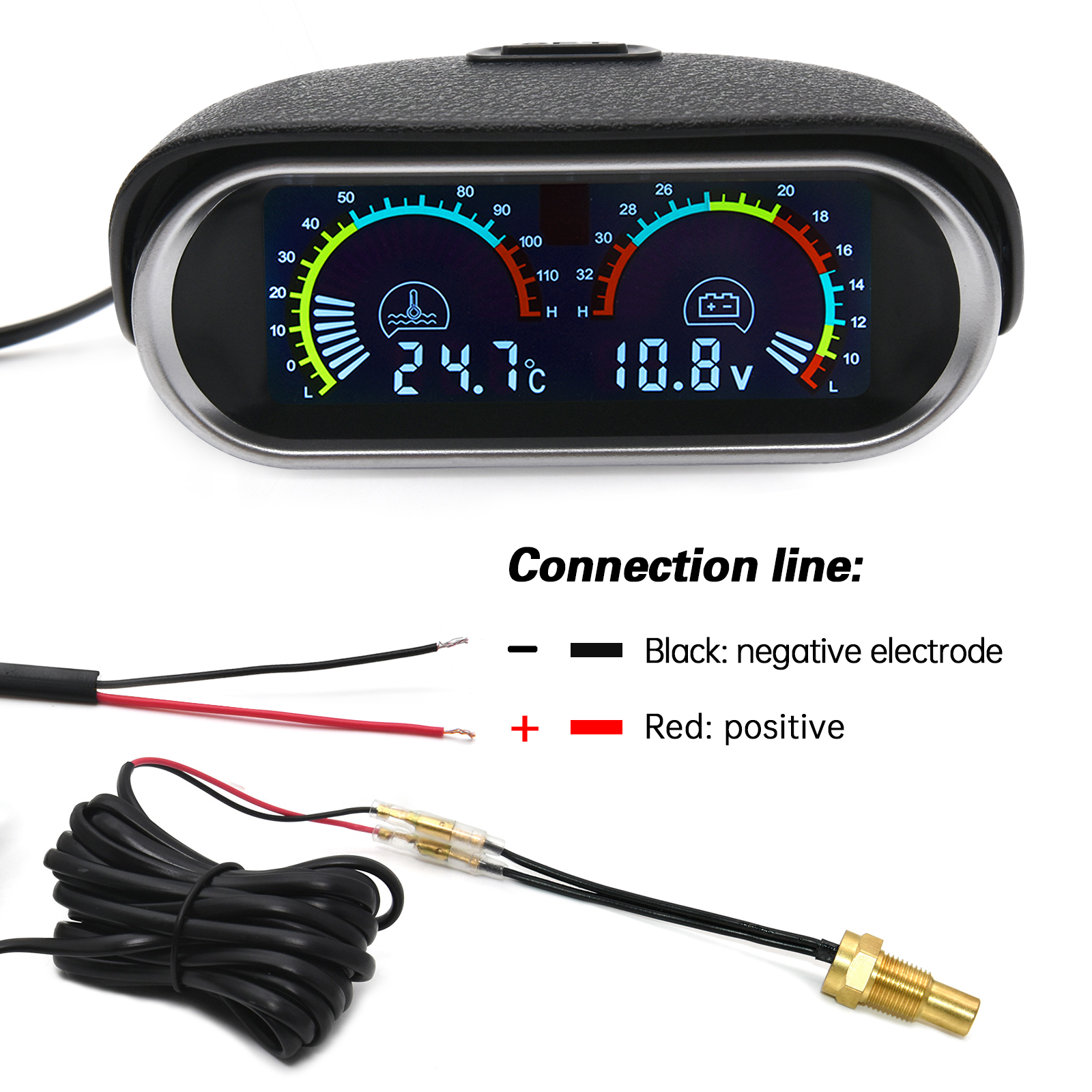 Digital Horizontal 2 in 1 LCD Water Temperature Voltmeter Volt Gauge With 10mm 1/8NPT Temp Sensor For 12V/24V Car Truck