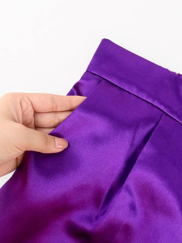 Women Pants Black Shiny High Elastic Waist Elegant Office Work Ankle Length Pencil Capris for Lady Summer Bottoms