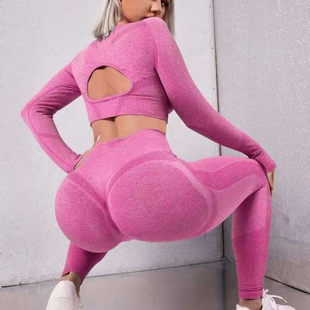 Hollow Out Long Sleeved High Waisted Hip Lifting Exercise Yoga Pants 2-piece Set