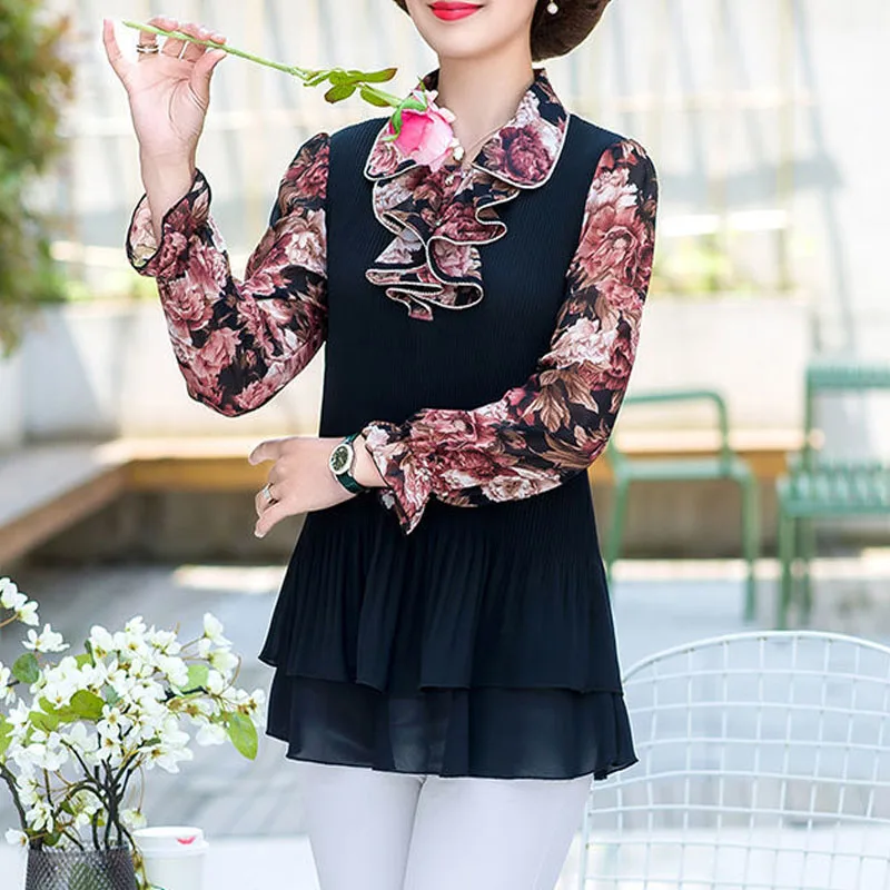 2025 Mom's Spring Summer new Chinese Style Various Pattern Printing Turn Down Collar Flare Sleeve Blouse Agaric Lace Long Sleeve Thin