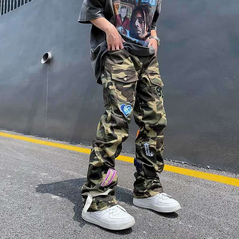 High Street Camouflage Patch Embroidered Jeans 2025 Men's Tide Brand American Street Hip-Hop Loose Straight Casual new Overalls Trendy