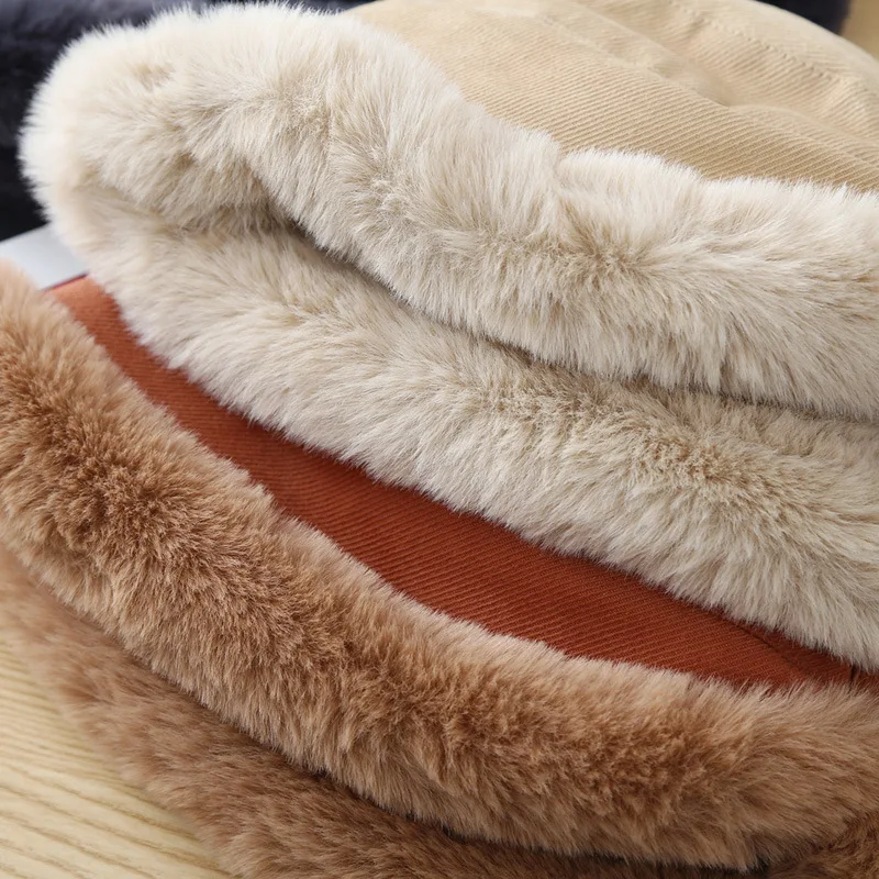 Winter Women Fisherman Cap Thick Fluffy Fur Panama Basin Cap Solid Color Plush Bucket Hat Windproof Warm Female Bonnet Visors