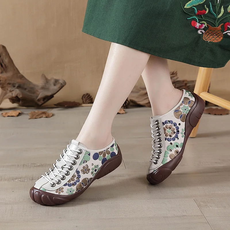 Genuine Leather Shoes for Women Flats Shoes Ballet Vintage Sneakers Floral Loafers Woman Anti Kick Shoes 2024 Comfortable Flats