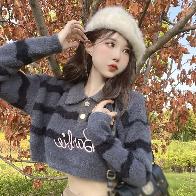 Women Stripe Mink Fur SweaterTurn-down new Collar Long Sleeve Pullover Sweater Autumn 2025 Winter Tops
