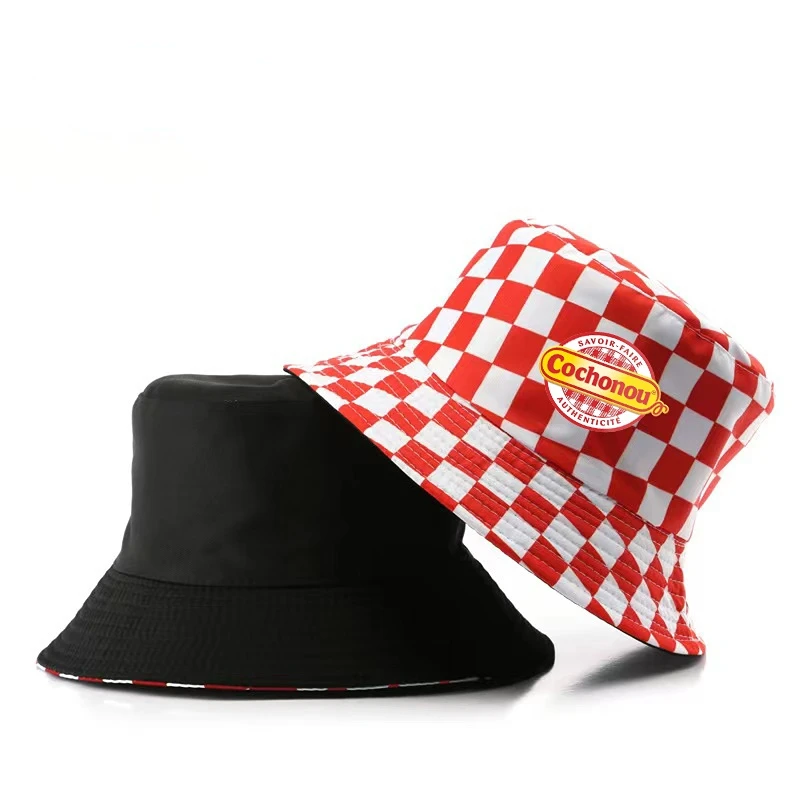 Topi Bob Cochonou kotak-kotak merah cantik wanita, topi ember musim panas dewasa kasual katun reversibel luar ruangan grosir