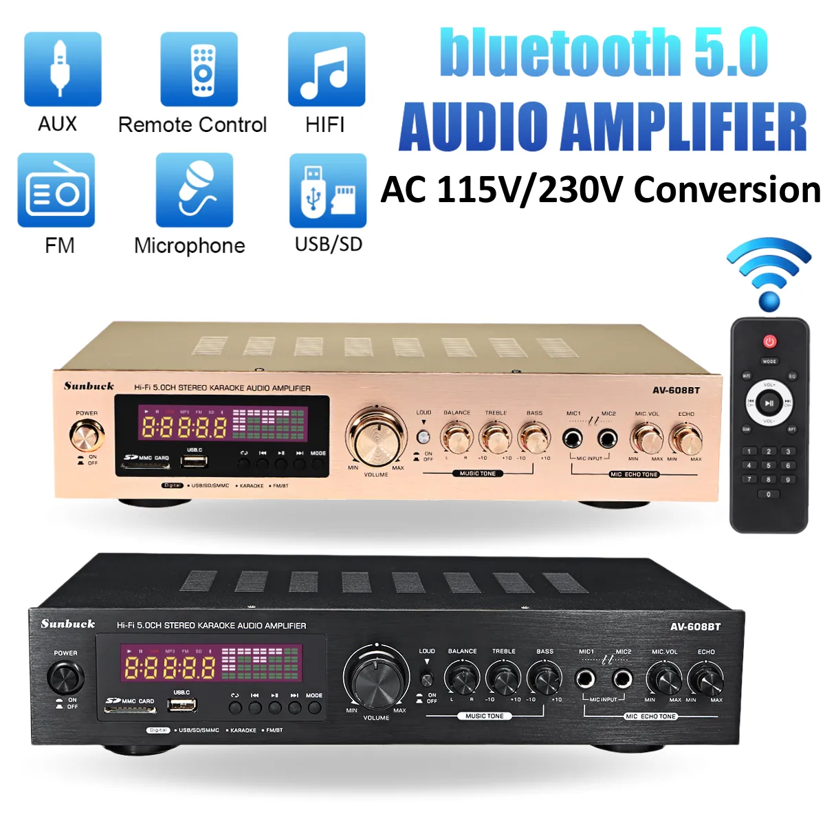 SUNBUCK 2000W 220V 110V bluetooth5.0 Audio Power Amplifier Home Theater Amplifiers Audio with Remote Control Support FM USB