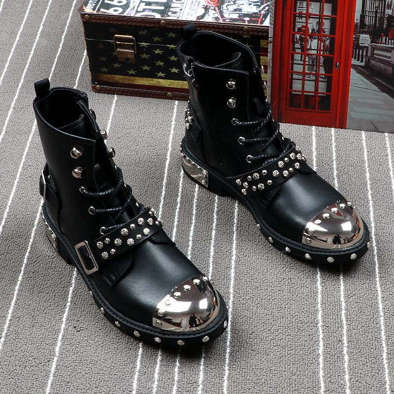Mens Boots Luxury Brand Rivets Punk Style Spring Autumn Ankle Boots Male Metal High Top Motorbike Sneakers Shoes for Men