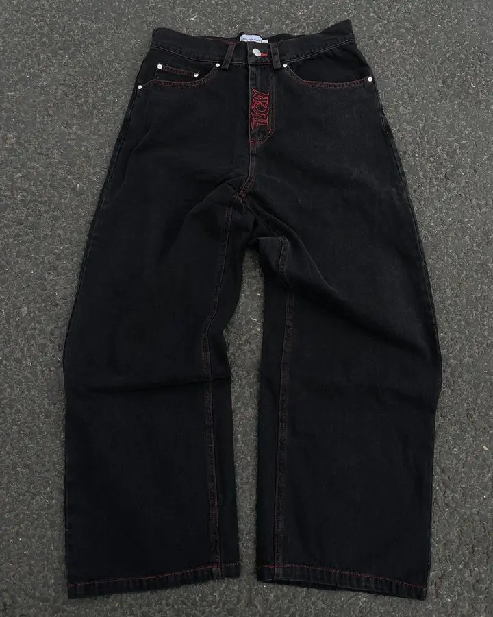 HCW Jeans Y2k Hip Hop Retro Skull Embroidered Loose Jeans Womens 2023 New Straight Casual Loose Wide Leg Trousers Street Wear