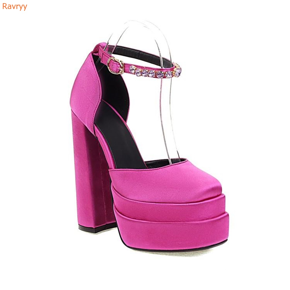 Double Layer Platform Square Head Shoes Crystal Ankle Buckle Super High Heels Square Heel Satin Shoes