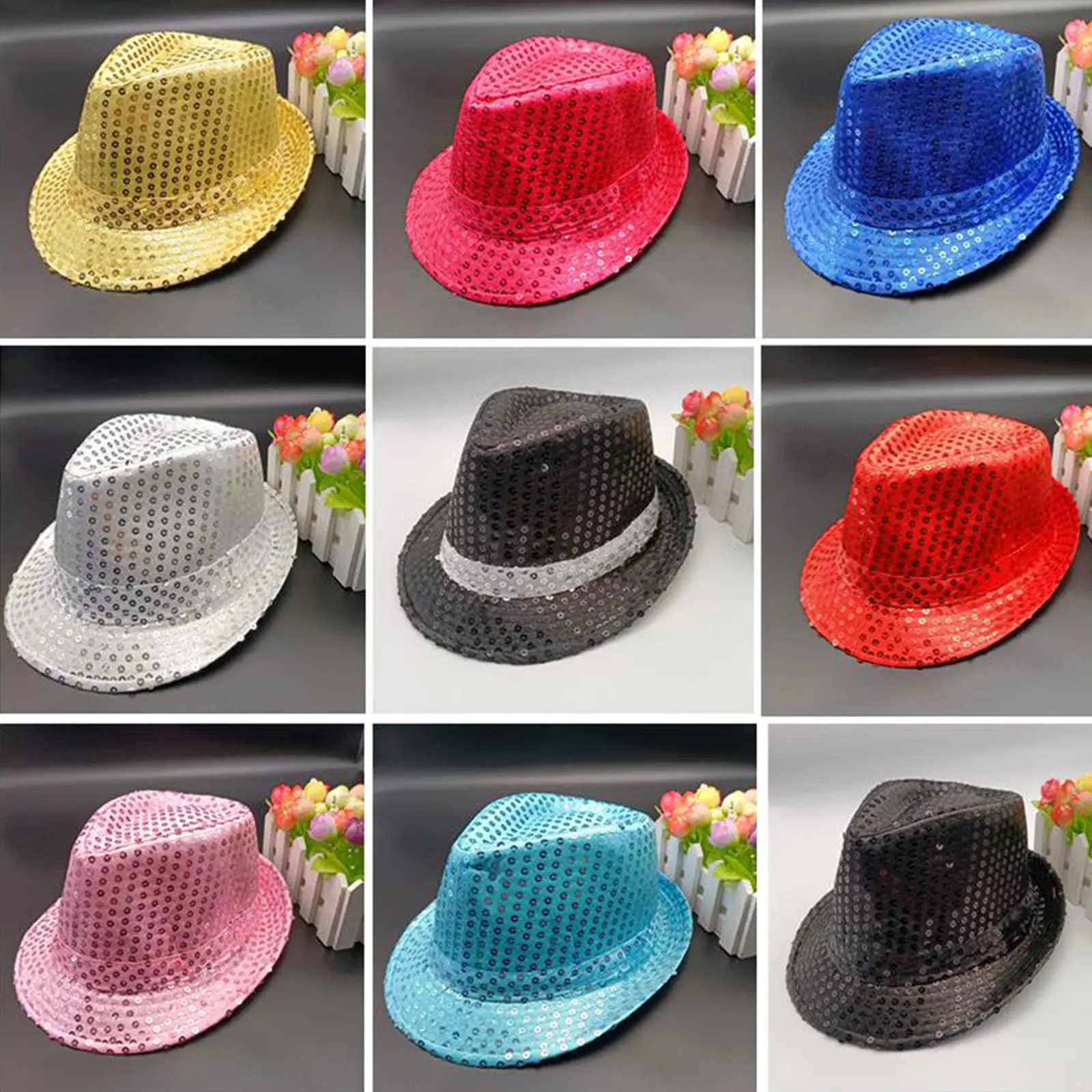 Men Women Jazz Hats Sequins Decorated Stage Dance Performance Party Holiday Hat Formal Fedoras
