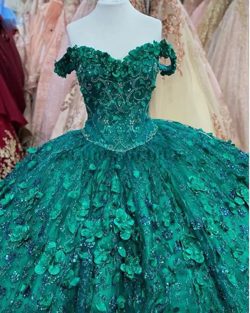 Emerald Green Quinceanera Dresses Ball Gown Floral Applique Crystal Sweet 16 Dresses With Cloak Birthday Party