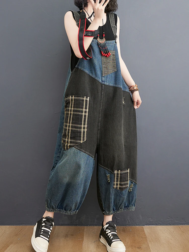 Max LuLu 2023 Korean Fall Jeans Women Plaid Ripped Denim Overalls Ladies Vintage Punk Loose Pants Luxury Classic Casual Trousers