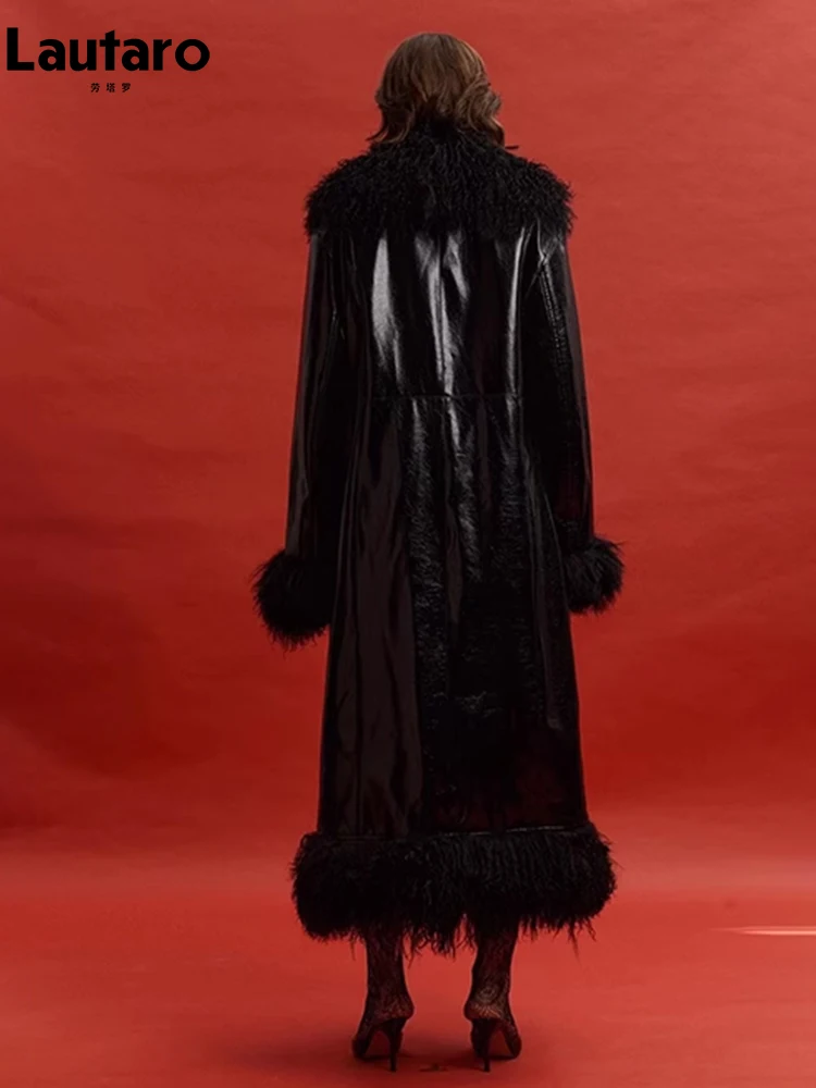 Lautaro Spring Autumn Long Black Shiny Patent Pu Leather Coat Women with Faux Fur Trim Luxury Designer Clothing European Fashion