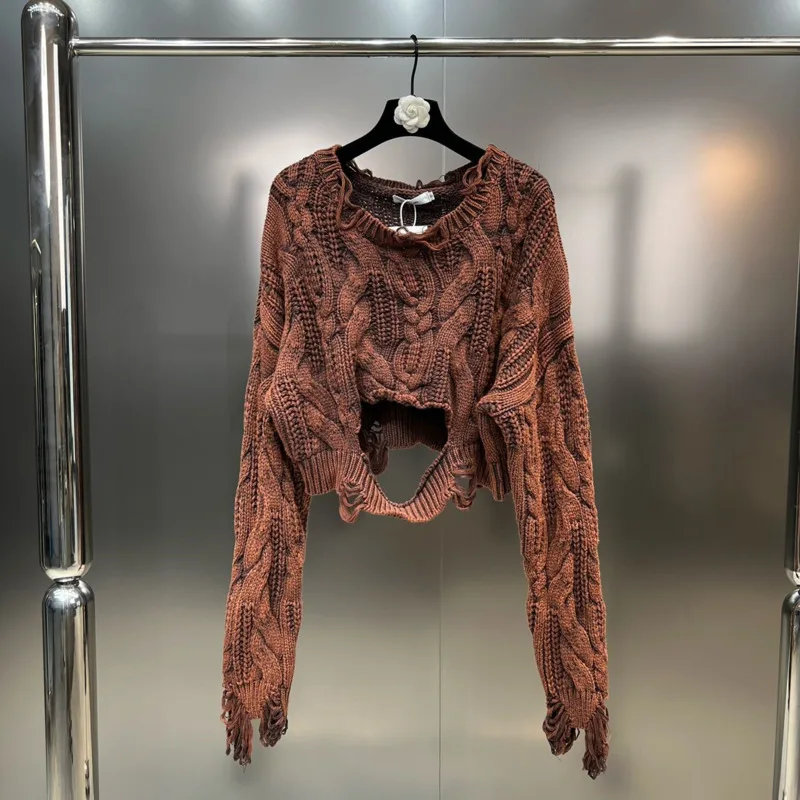 PREPOMP 2023 Autumn New Arrival Long Sleeve Round Neck Ripped Holes Loose Sweater Women Brown Knitting Pullover GL760