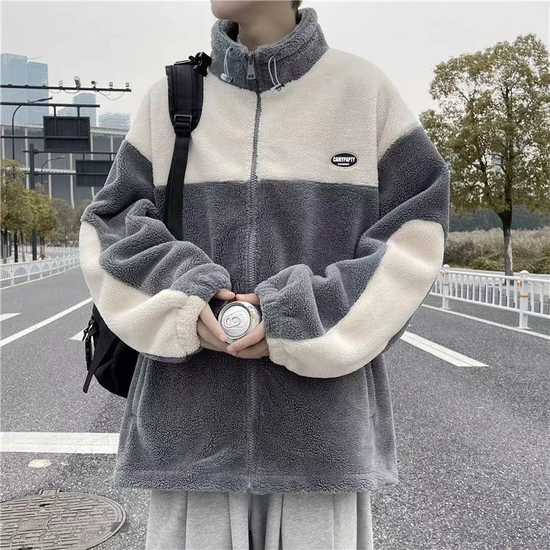 Winter Fleece Fluffy Jacket Warm Fuzzy Zipper Patchwork Coat Men Autumn Lightweight Jackets Streetwear Hip Hop Harajuku 2023