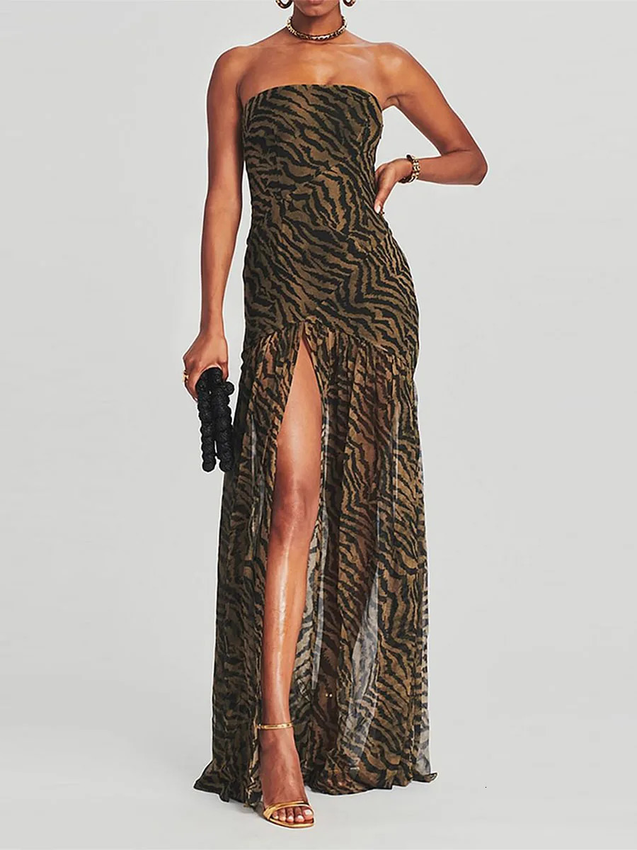 Women Summer Evening Party Tube Dress Leopard Print Strapless Backless High Slit Long Y2k Mesh Patchwork Cocktail Dresses 240329