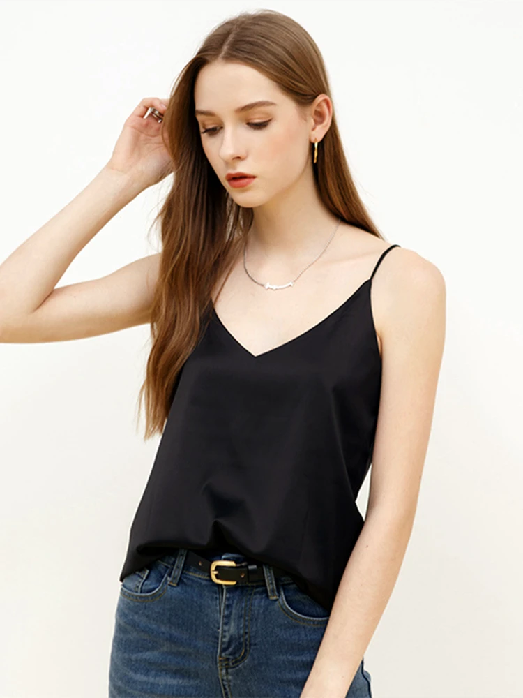 BornToGirl Casual Solid Satin Silk Camis Top Women Spring Summer Y2K Streetwear Sexy Black White Pink Brown Green Tops Camisole
