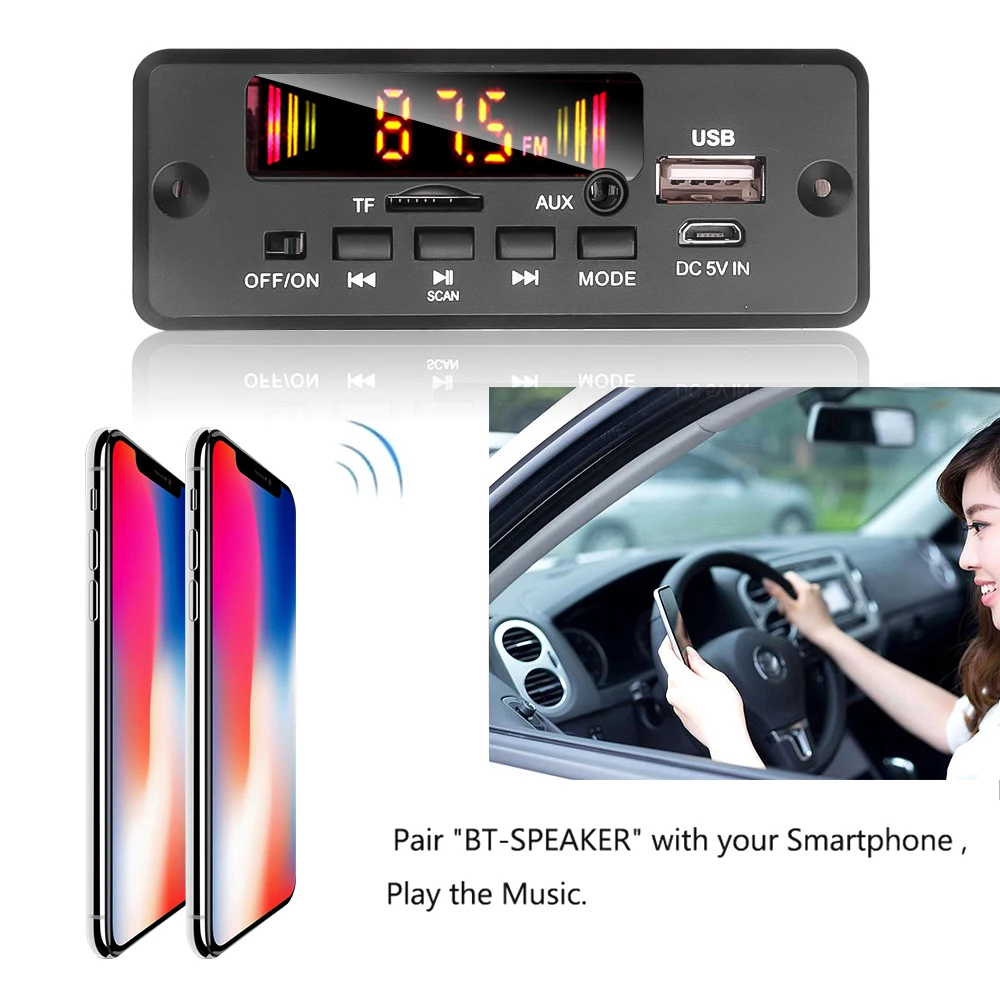 6W Amplifier 5V-32V 12V MP3 Decoder Board Handsfree Bluetooth V5.0 Car MP3 Player USB Recording Module FM AUX Radio For Speaker