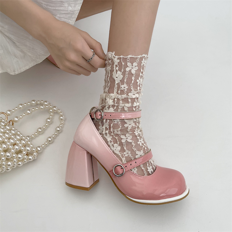 Patent Y2K Leather High Heels Pumps Women 2023 Autumn New Ankle Straps Pink Lolita Woman Cute Thick Heeled Mary Janes Shoes 4c96