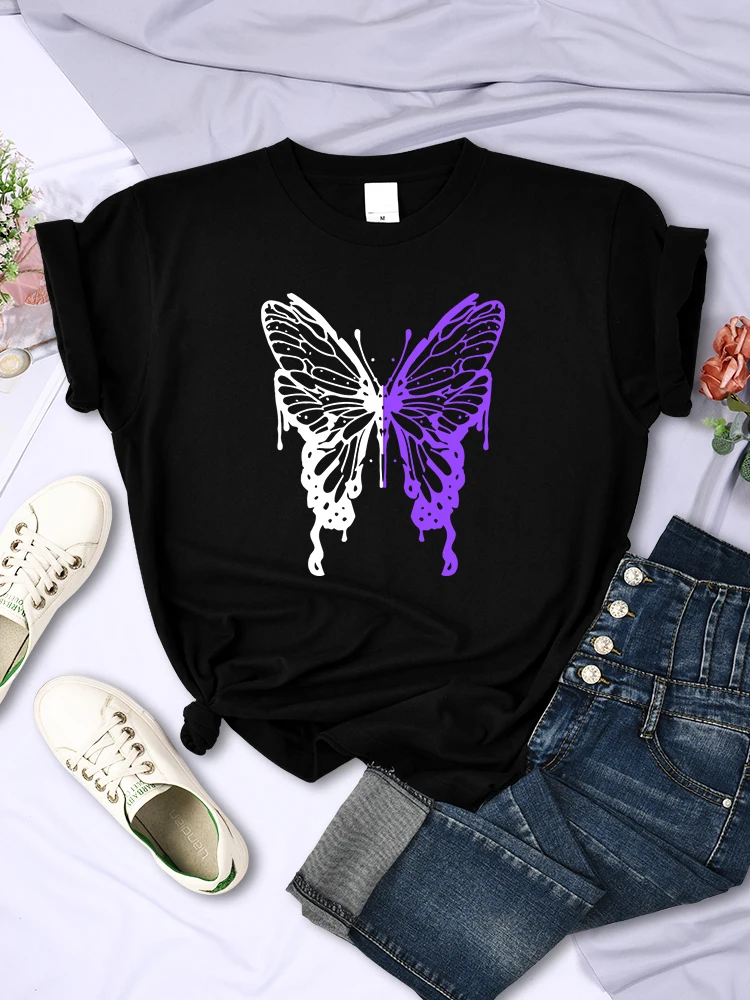 White And Purple Butterflies Personality Funny 2025 Print T-Shirt Women Summer new Breathable Short Sleeve Soft Comfortable T Shirt Tees