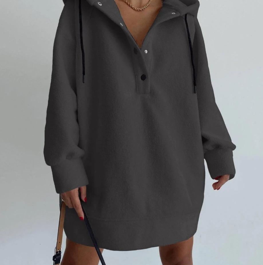 Woman Hooded Shirt Autumn Fashion Polar Fleece Loose Daily Casual Button Long Sleeve Drawstring Pullovers Sweatshirt 240318