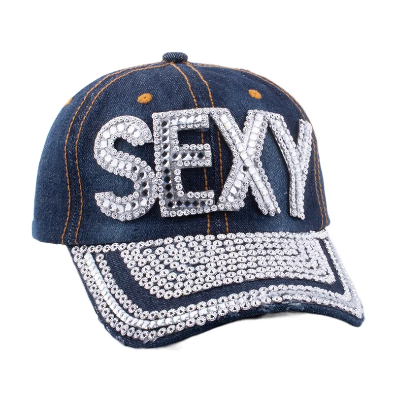 Women's Studded Dark Denim Baseball Cap Bling with Rhinestone Letter Sexy