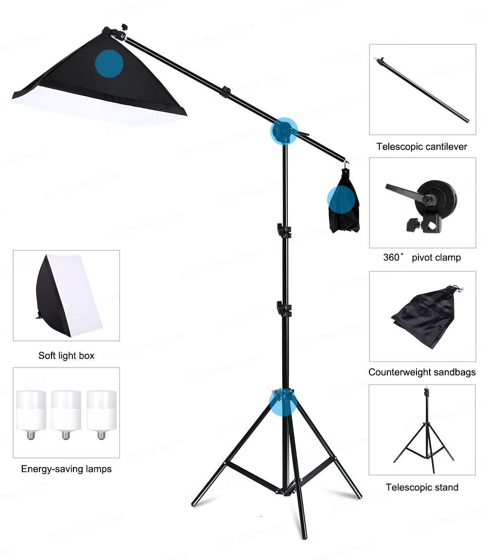 SH Photo Studio LED Softbox Lighting Kit Boom Arm Background Support Stand 3 Color Green Backdrop for Photography Video Shooting