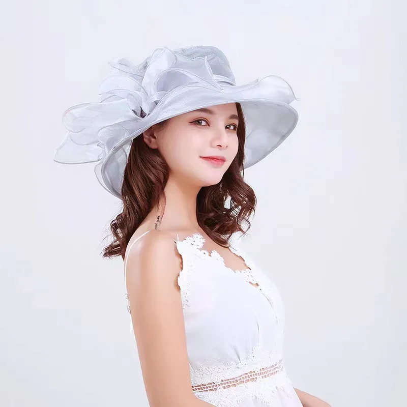 1Pc Women Organza Mesh Hat Ruffles Wide Brim Summer Bridal Sun Hat French Europe And America Exquisite Party Cap Beach Cap