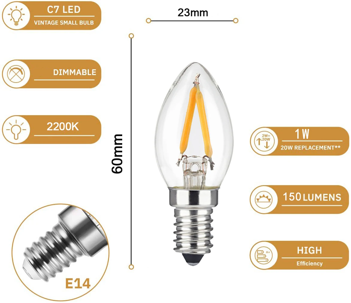C7 LED Filament Bulbs 1W E12 E14 Mini Candle Light Night Dimmable 110V 220V Warm White 2200K Lava Lamp Replacement Ampoule