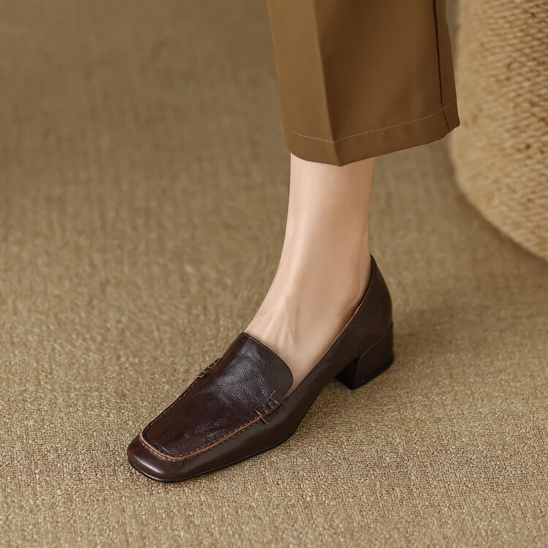 Spring/Autumn NEW Loafers Square Toe Chunky Heel Elegant Genuine Leather Shoes for Retro Sheepskin Women Pumps 932d