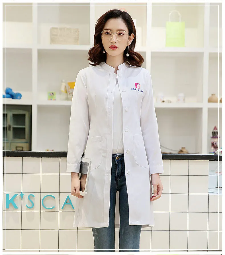 New Women's Winter Stand Collar Long Sleeve White Uniform Spa Dept. Clinic Doctor's Labtest Coat Slim Fit Overcoat