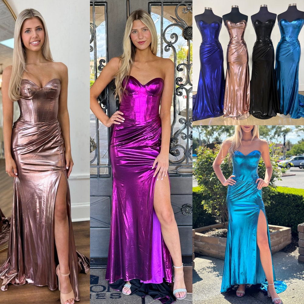Strapless Corset Metallic Prom Dress Ruched High Leg Slit Long Winter Formal Event Party Gown Red Carpet Runway Oscar Gala Pageant Magenta Rose Gold R
