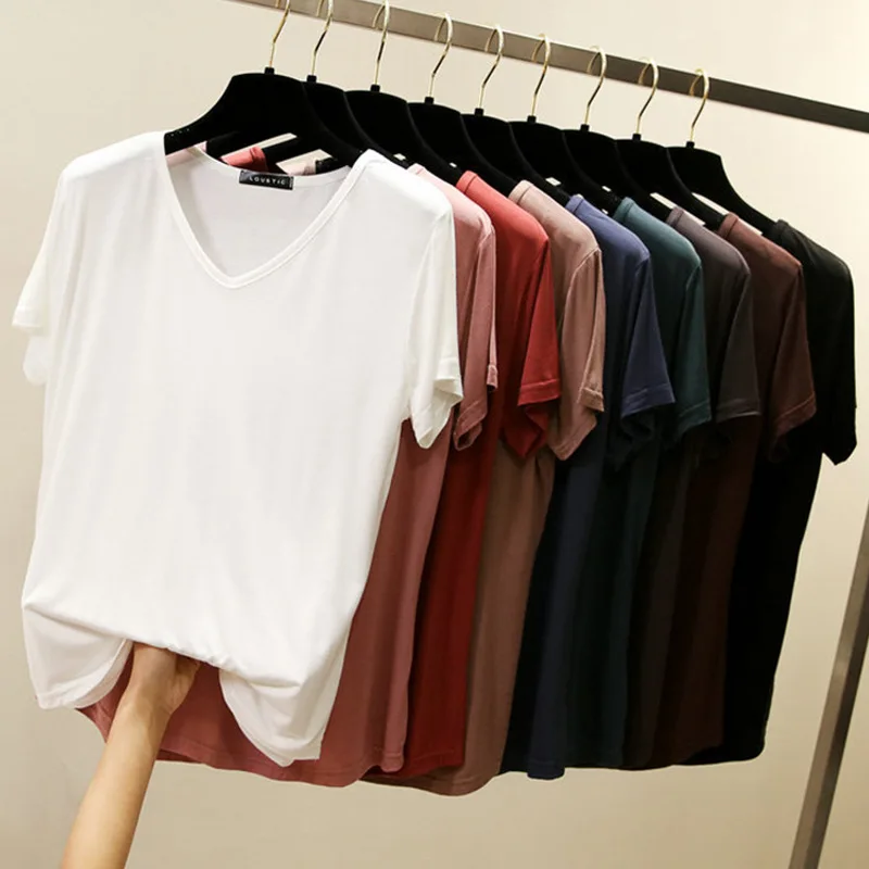 Plus size V-Neck Tshirt Women Summer Loose Tees Modal casual 2025 new T-shirt Solid color Bottoming Tee Tops