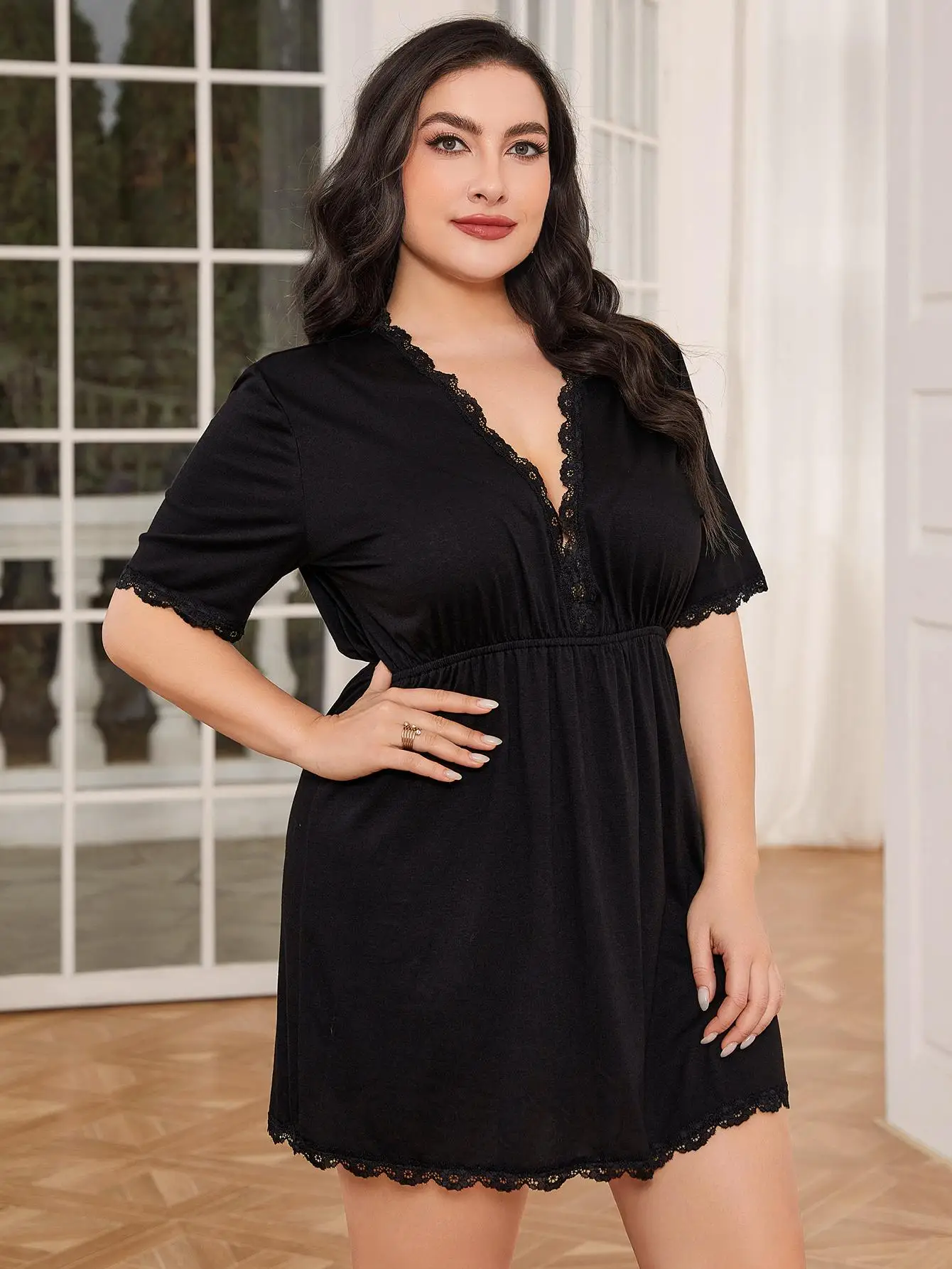 Plus Size Women Nightgowns Deep V Neck Sexy Sleepwear Short Sleeves Hem Homwear Elastic Waist Nighty Nightwear Loungwear Dress