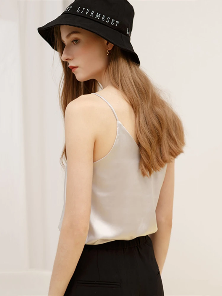 BornToGirl Casual Solid Satin Silk Camis Top Women Spring Summer Y2K Streetwear Sexy Black White Pink Brown Green Tops Camisole