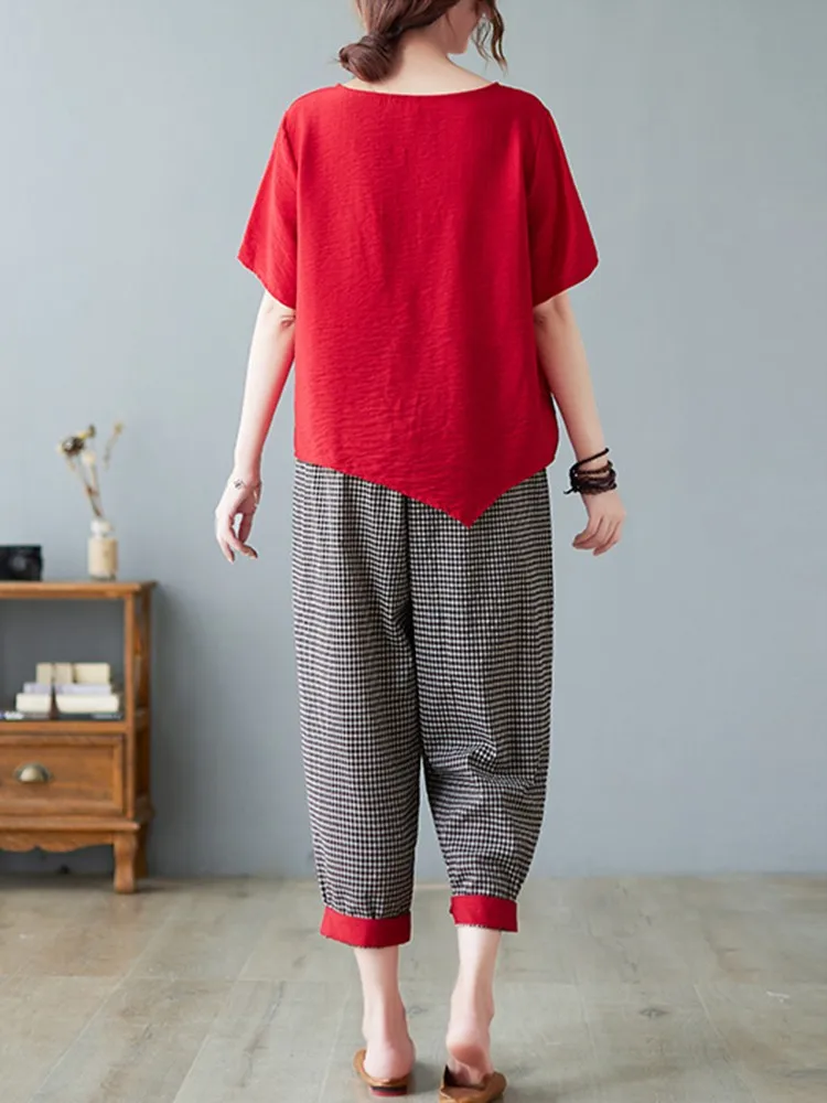 2 Piece Sets Women Casual T-shirt And Ankle-length Pants New Arrival new 2023 Summer Vintage Style Loose 2025 Female Pant Suits B2521