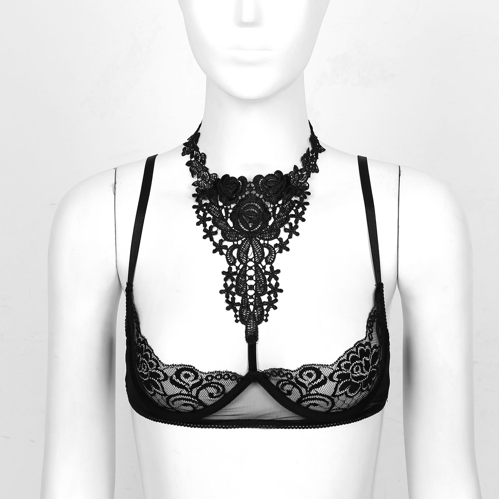 Women See-through Floral Lace Sheer Underwired Push Up Bra Tops Halter Bare Breast Underwear for Lingerie Night Honeymoon
