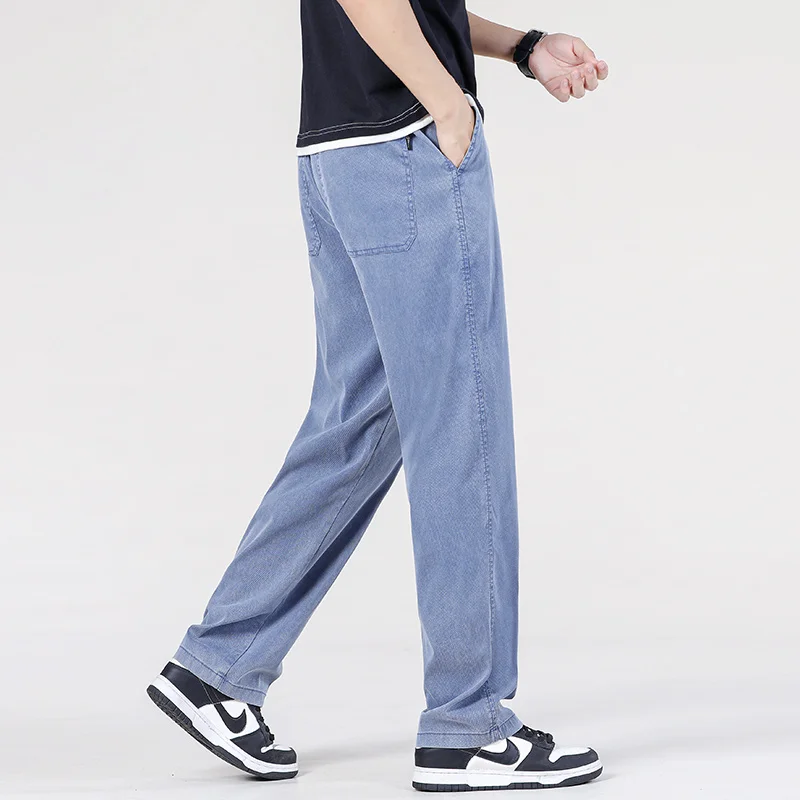 2024 New Lyocell Fabric Men's Jeans Pants Straight Loose Quality Sweatpants Casual Soft Wide Leg Long Baggy Trousers Hot Sales