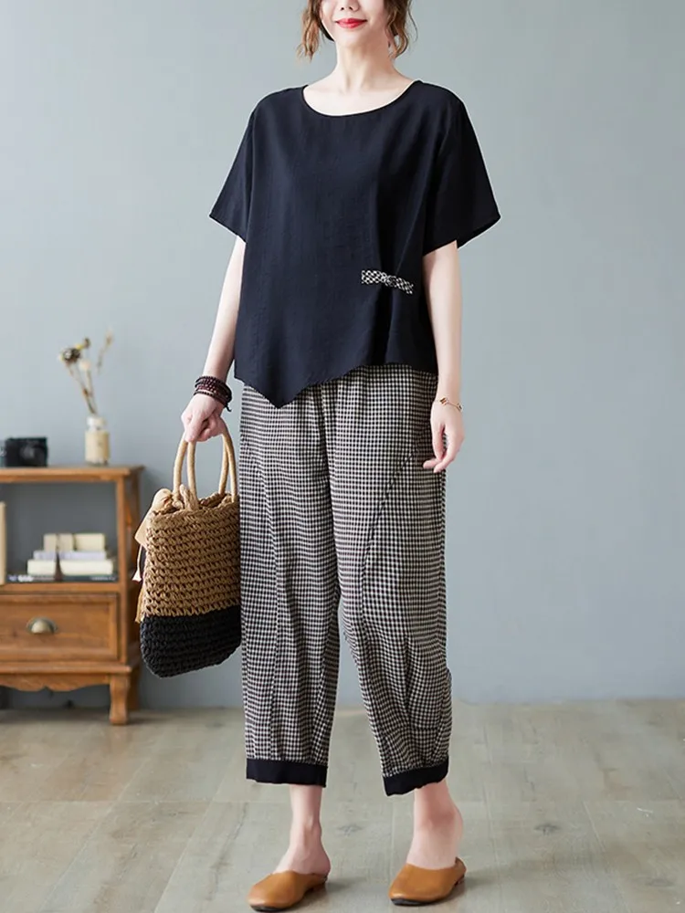 2 Piece Sets Women Casual T-shirt And Ankle-length Pants New Arrival new 2023 Summer Vintage Style Loose 2025 Female Pant Suits B2521