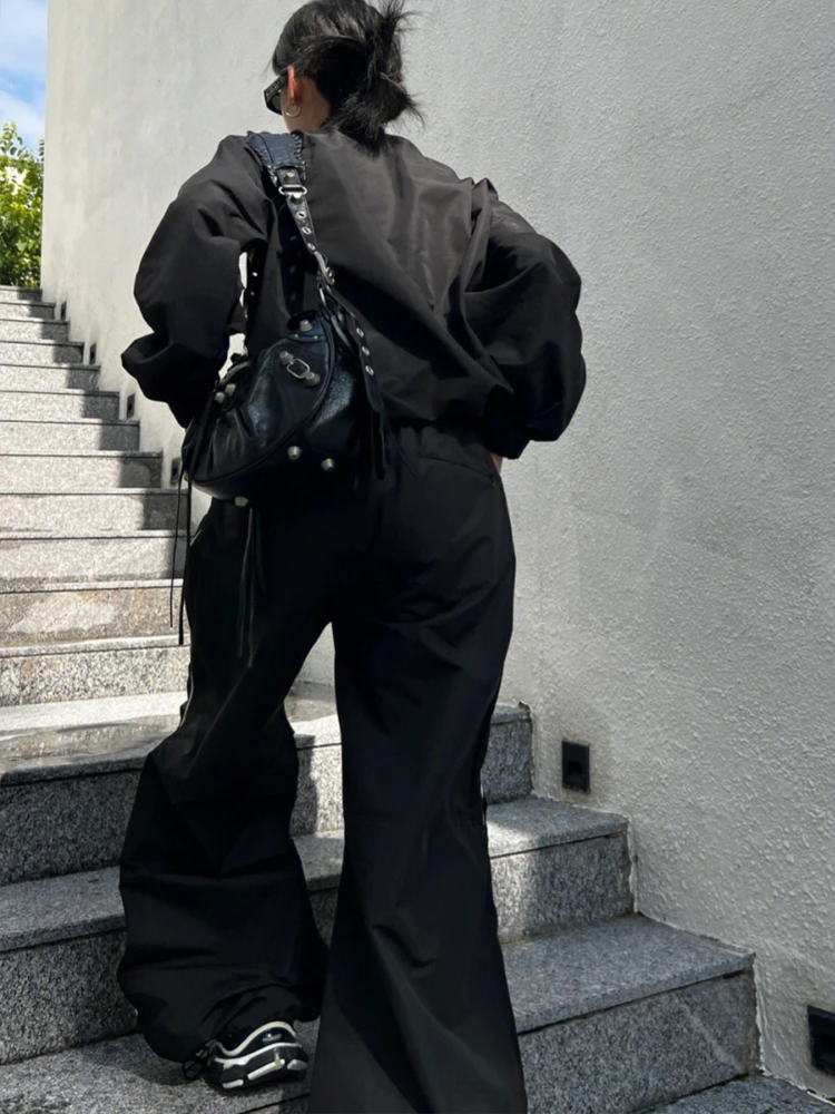 90s Vintage Black Pants Sets Women Y2K Street Zip Up Jacket Loose Wide Leg Track Trousers Gorpcore 2 Piece Set Jogging Tracksuit