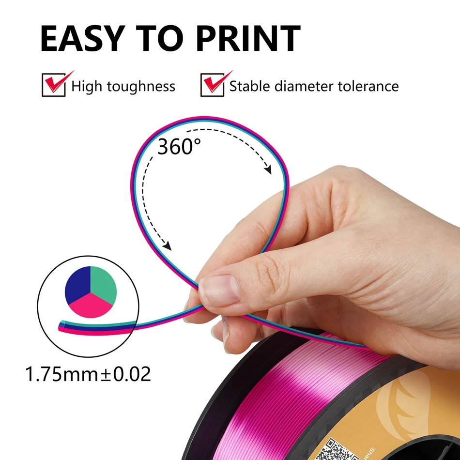 KINGROON Tricolor Silk PLA Plastic For 3D Printer , 3 in 1 Multi-color 3D Printing Filament PLA 1.75mm 1KG Newest