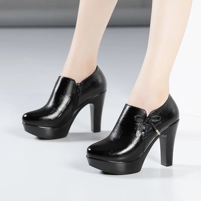 Small Size 32-43 Quality Decent Soft Leather Shoes Women's Platform Pumps for Office Work new 2024 Block High Heels 2025 Shoes with Fur