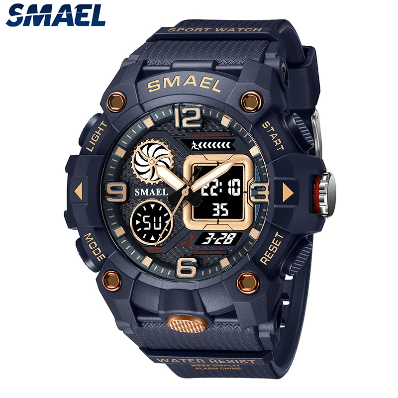SMAEL Quartz Watch Sport 50M Waterproof Stopwatch Week Display LED Digital new Alarm Clock 2025 Male 8055 Men Watches Sports Wristwatches
