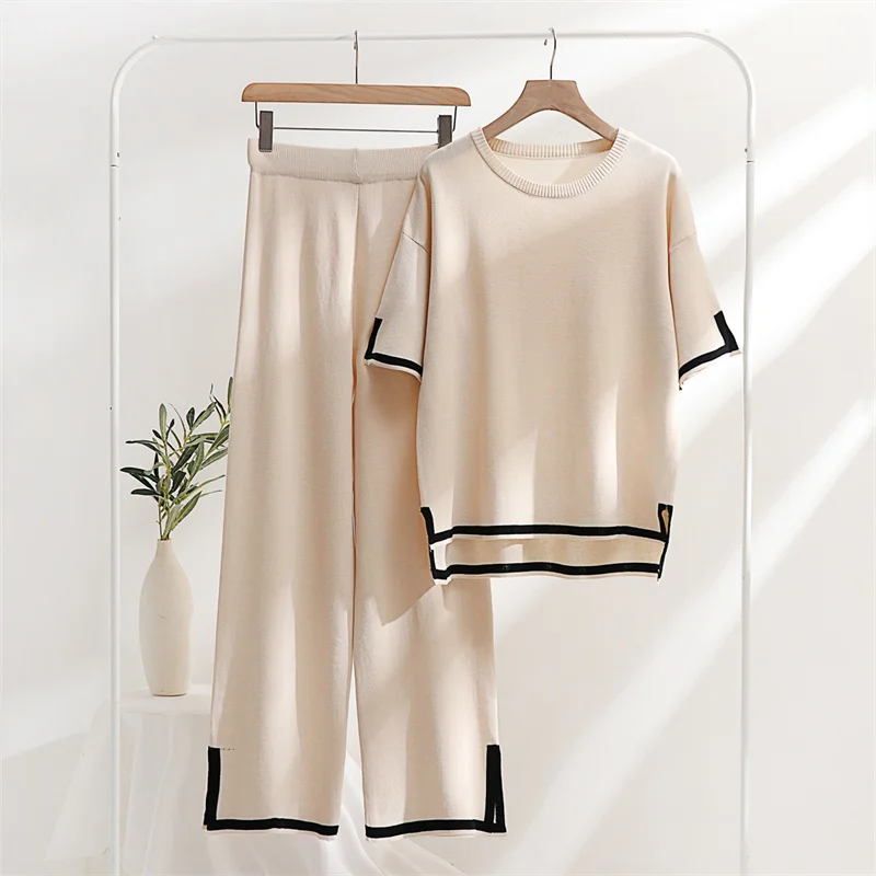 Two Piece Set 2025 Elegant new Pants Sets Ice Knitted Summer Outfits For Women 2023 Short Sleeve Pama Suit