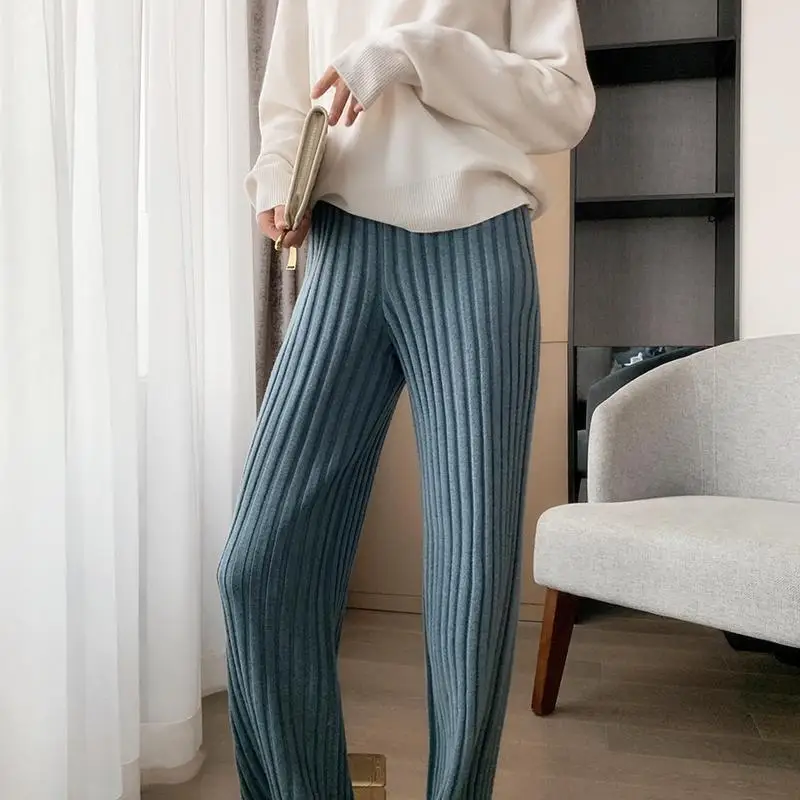 Casual Thick Knitted Women Pants Elastic High Waist Loose Female Wide Leg Pant Long Trousers 2023 Autumn Winter Striped Pantalon