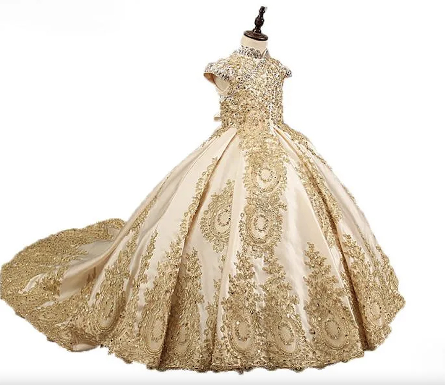 Girl's Pageant Dresses Modest Gold Sequins Lace Satin Flower Girl Gowns Formal Party Dress For Teens Kids Size 0431